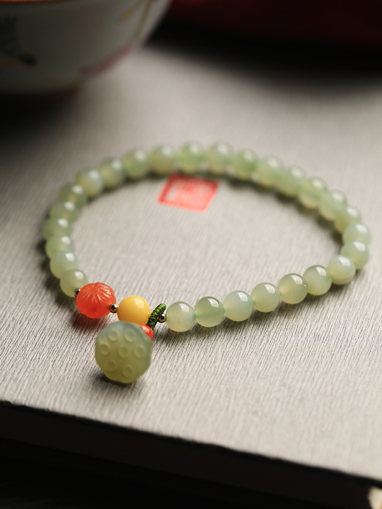 Natural Hetian Jade Bracelet for Women - Summer Green Beaded Lotus Pod Design - Unique Jewelry Gift for Girls