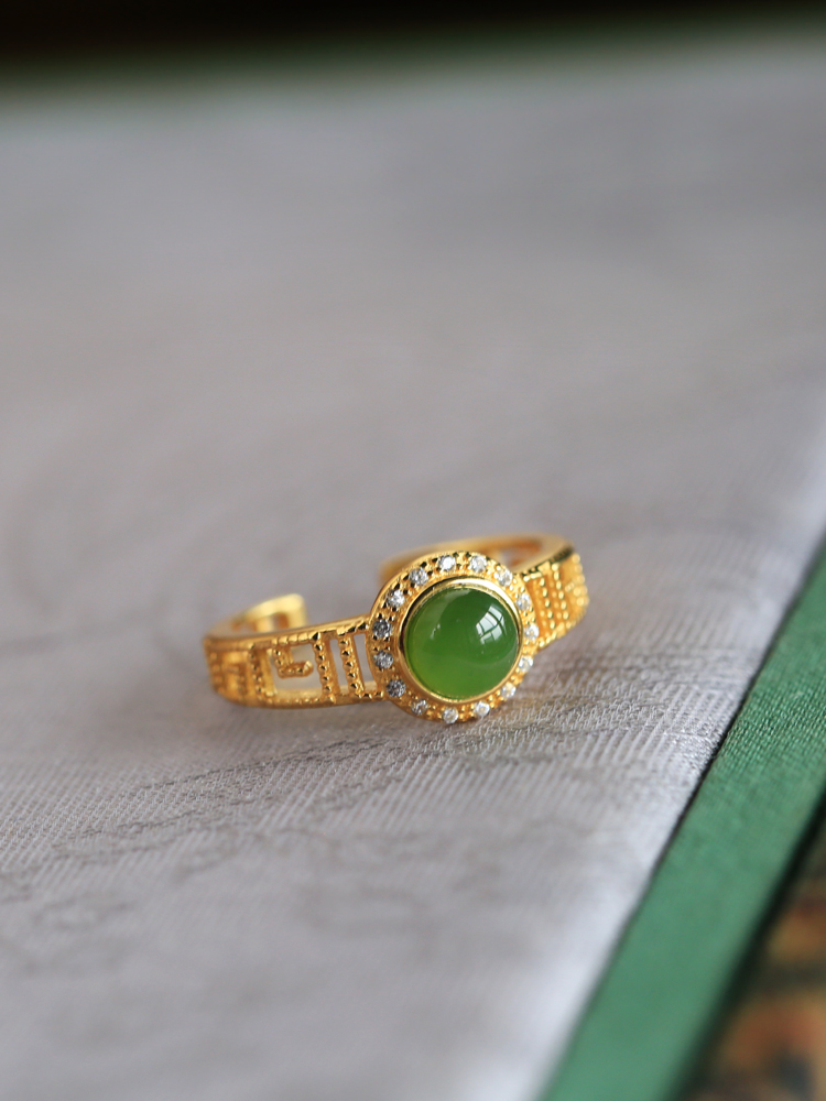 Natural Hetian Jade Diamond-Inlaid Silver Ring for Women, 18K Gold Plated Light Luxury Gemstone Jewelry