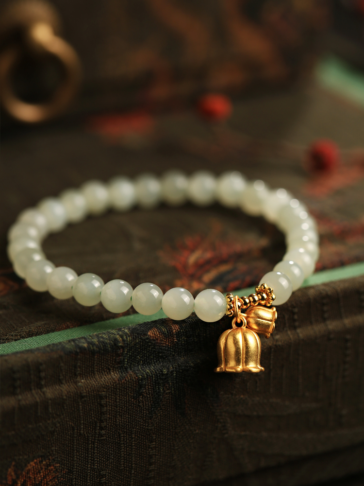 Natural Hetian Jade Green Bracelet for Women, Pure Silver Lily Flower Design, Crystal Bead String, National Style Jewelry