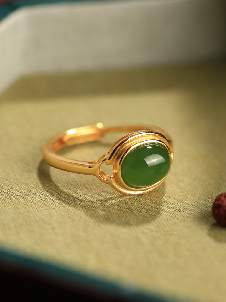 Natural Hetian Jade Green Egg Face Ring for Women - 18K Gold-Plated Luxury Ingot with Pure Silver and Jade Stone Accent