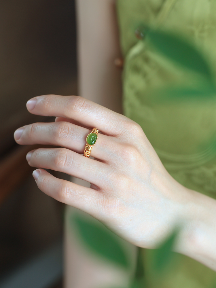 Natural Hetian Jade Green Jadeite Ring in Pure Silver - Ancient Gold Cloud Design, Women's Open Gold Inlaid Jewelry, Chinese Style