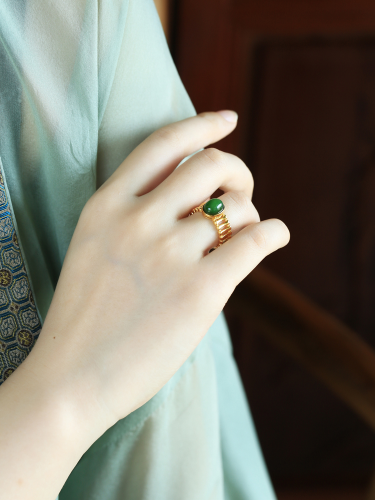 Natural Hetian Jadeite and Silver 18k Gold-Plated Ring for Women - Luxe Gemstone Index Finger Ring with High-End Appeal Natural Hetian Jadeite and Silver 18k Gold-Plated Ring for Women - Luxe Gemstone Index Finger Ring with High-End Appeal