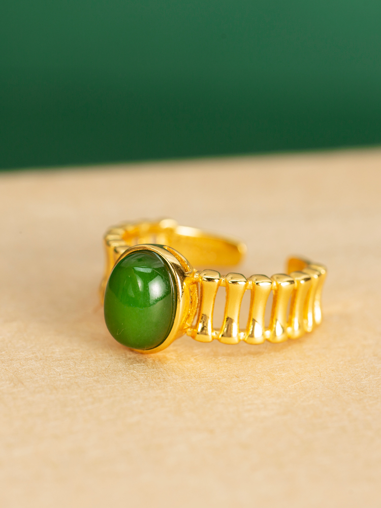 Natural Hetian Jadeite and Silver 18k Gold-Plated Ring for Women - Luxe Gemstone Index Finger Ring with High-End Appeal Natural Hetian Jadeite and Silver 18k Gold-Plated Ring for Women - Luxe Gemstone Index Finger Ring with High-End Appeal