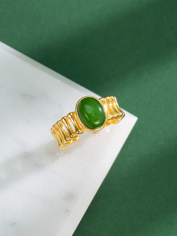 Natural Hetian Jadeite and Silver 18k Gold-Plated Ring for Women - Luxe Gemstone Index Finger Ring with High-End Appeal Natural Hetian Jadeite and Silver 18k Gold-Plated Ring for Women - Luxe Gemstone Index Finger Ring with High-End Appeal