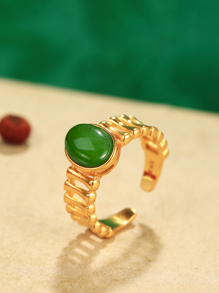 Natural Hetian Jadeite and Silver 18k Gold-Plated Ring for Women - Luxe Gemstone Index Finger Ring with High-End Appeal Natural Hetian Jadeite and Silver 18k Gold-Plated Ring for Women - Luxe Gemstone Index Finger Ring with High-End Appeal