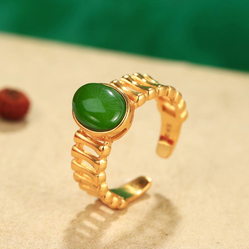 Natural Hetian Jadeite and Silver 18k Gold-Plated Ring for Women - Luxe Gemstone Index Finger Ring with High-End Appeal