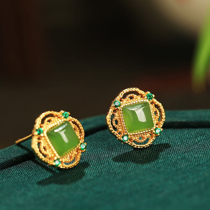 Natural Jade and Silver Square Sugar Ear Studs for Women - Chinese Style National Wind Green Jade Earrings with Gold Inlay