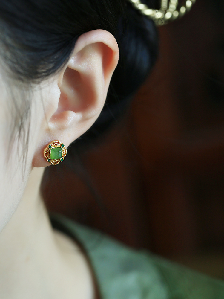 Natural Jade and Silver Square Sugar Ear Studs for Women - Chinese Style National Wind Green Jade Earrings with Gold Inlay