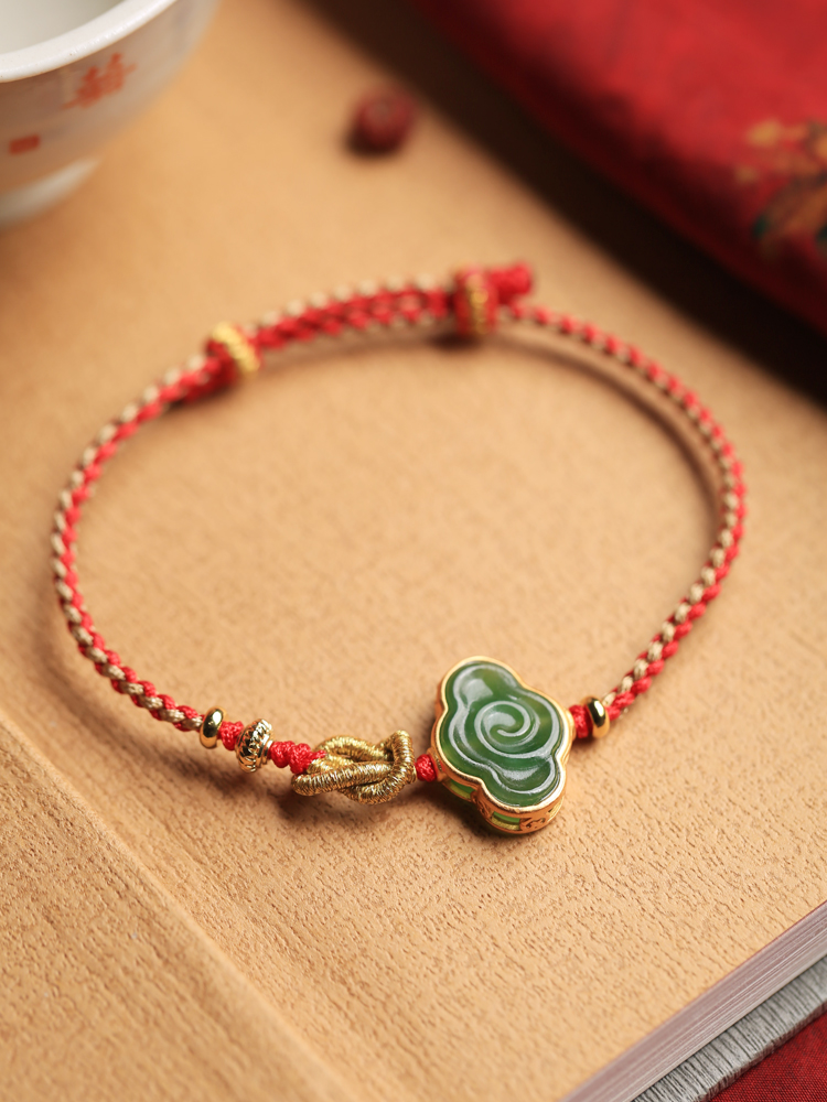 Natural Jade Cloud Bracelet - Hetian Jade & Pure Silver with Red Rope, Handmade Braided Design, Women's National Style Birth Year Jewelry