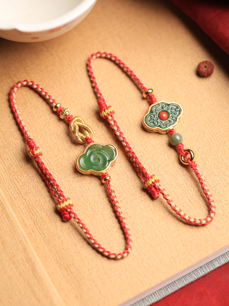 Natural Jade Cloud Bracelet - Hetian Jade & Pure Silver with Red Rope, Handmade Braided Design, Women's National Style Birth Year Jewelry Natural Jade Cloud Bracelet - Hetian Jade & Pure Silver with Red Rope, Handmade Braided Design, Women's National Style Birth Year Jewelry