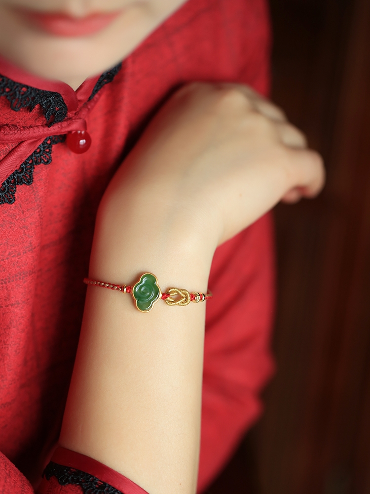 Natural Jade Cloud Bracelet - Hetian Jade & Pure Silver with Red Rope, Handmade Braided Design, Women's National Style Birth Year Jewelry Natural Jade Cloud Bracelet - Hetian Jade & Pure Silver with Red Rope, Handmade Braided Design, Women's National Style Birth Year Jewelry