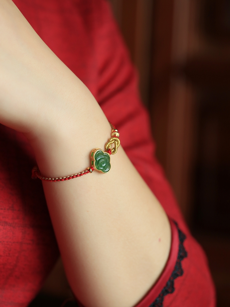 Natural Jade Cloud Bracelet - Hetian Jade & Pure Silver with Red Rope, Handmade Braided Design, Women's National Style Birth Year Jewelry Natural Jade Cloud Bracelet - Hetian Jade & Pure Silver with Red Rope, Handmade Braided Design, Women's National Style Birth Year Jewelry
