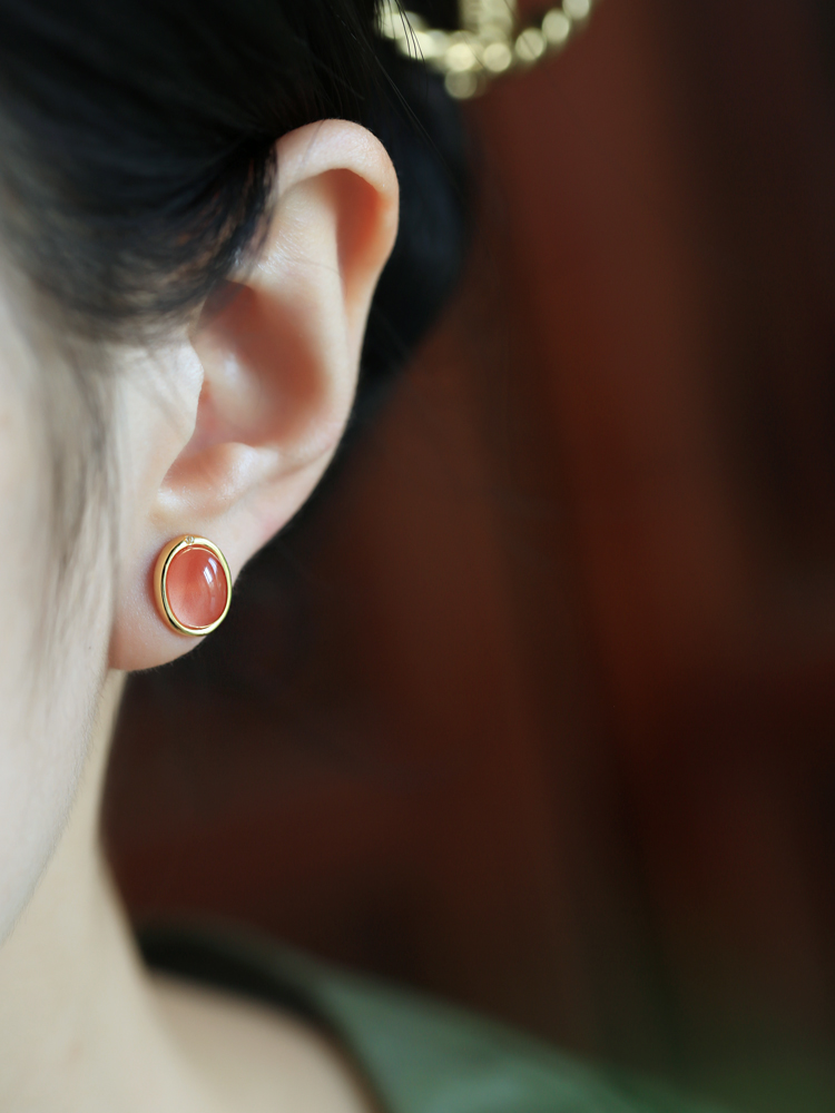 Natural Nanhong Stone & Silver Ear Studs for Women, Chinese Style Red Jade and Agate Earrings, National Wind Design