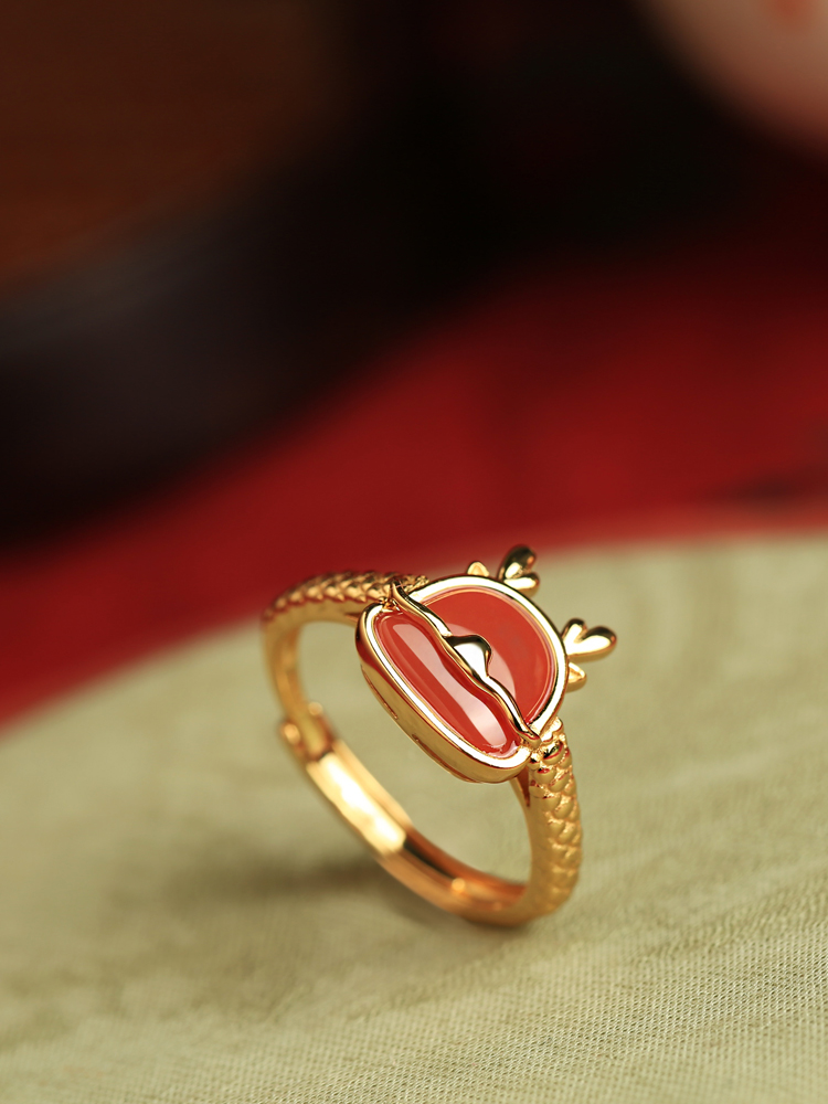 Natural Red Agate Dragon Ring for Women - Chinese Style, Light Luxury, Retro Design, Gold-Plated Silver, National Wind Natural Red Agate Dragon Ring for Women - Chinese Style, Light Luxury, Retro Design, Gold-Plated Silver, National Wind