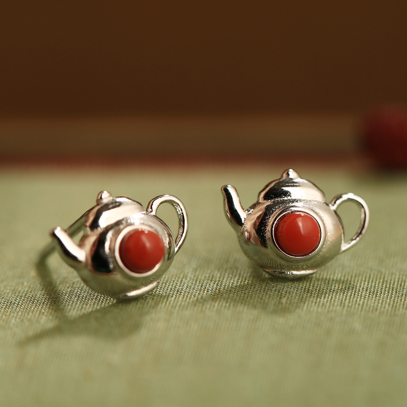 Natural Red Agate Pure Silver Teapot Ear Studs for Women, Chinese Style Light Luxury Birth Year Earrings Natural Red Agate Pure Silver Teapot Ear Studs for Women, Chinese Style Light Luxury Birth Year Earrings