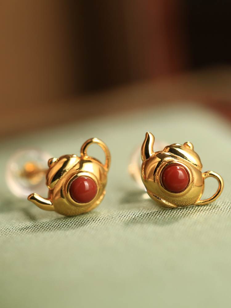 Natural Red Agate Pure Silver Teapot Ear Studs for Women, Chinese Style Light Luxury Birth Year Earrings Natural Red Agate Pure Silver Teapot Ear Studs for Women, Chinese Style Light Luxury Birth Year Earrings