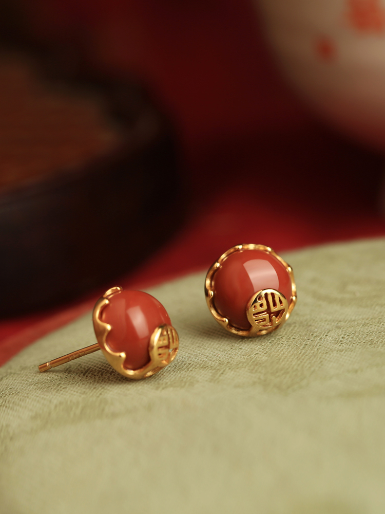 Natural Red Agate Silver Stud Earrings for Women - Retro Chinese Style Birth Year Jewelry, Southern National Wind Design Natural Red Agate Silver Stud Earrings for Women - Retro Chinese Style Birth Year Jewelry, Southern National Wind Design
