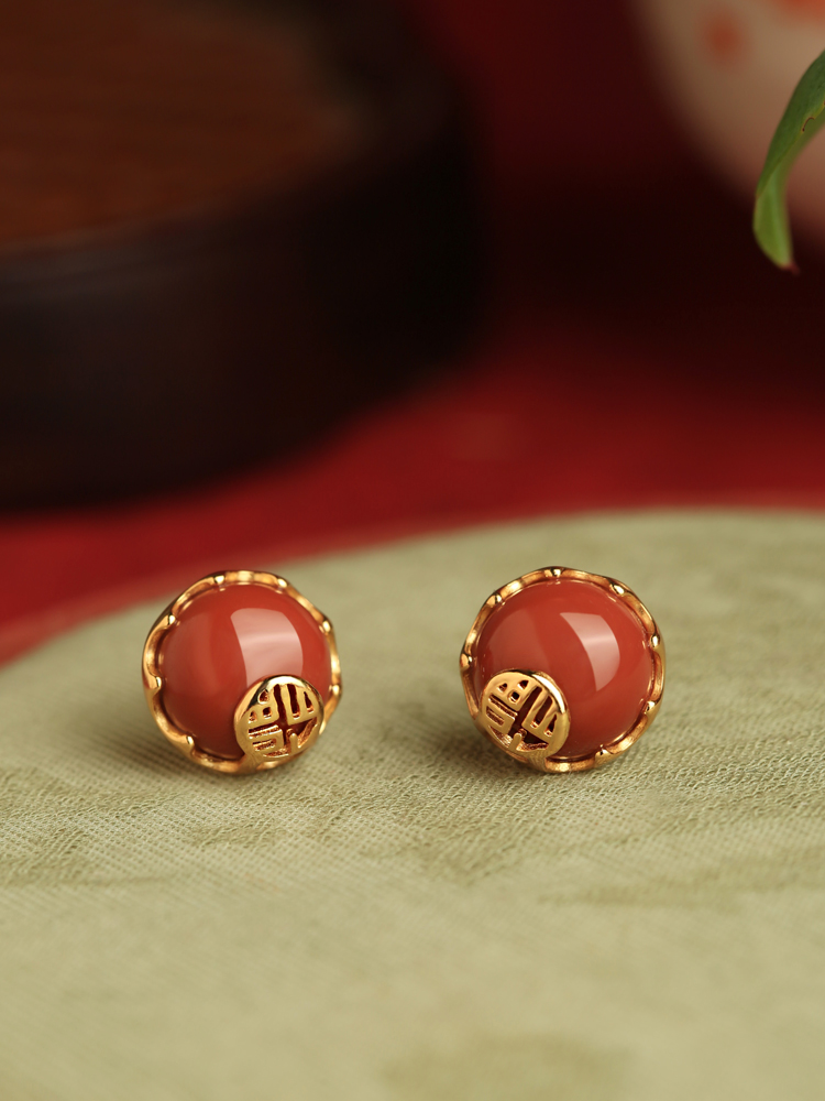 Natural Red Agate Silver Stud Earrings for Women - Retro Chinese Style Birth Year Jewelry, Southern National Wind Design Natural Red Agate Silver Stud Earrings for Women - Retro Chinese Style Birth Year Jewelry, Southern National Wind Design