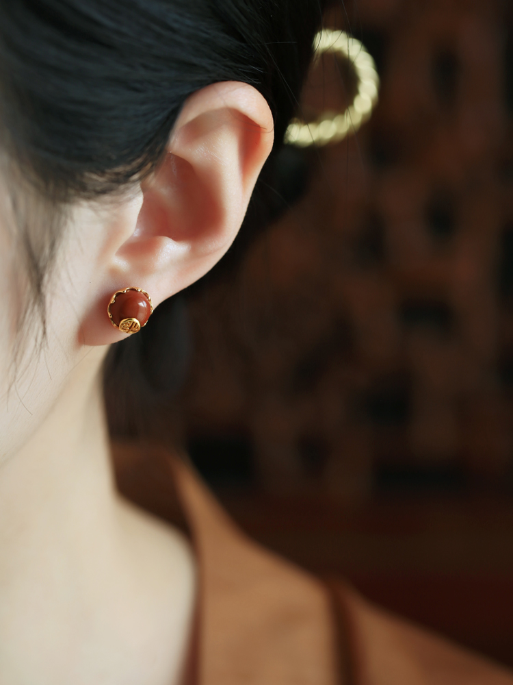 Natural Red Agate Silver Stud Earrings for Women - Retro Chinese Style Birth Year Jewelry, Southern National Wind Design