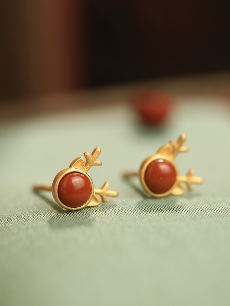 Natural South Red Deer Pure Silver Stud Earrings - Retro Zodiac Year Design with Agate - National Style Women's Jewelry Natural South Red Deer Pure Silver Stud Earrings - Retro Zodiac Year Design with Agate - National Style Women's Jewelry