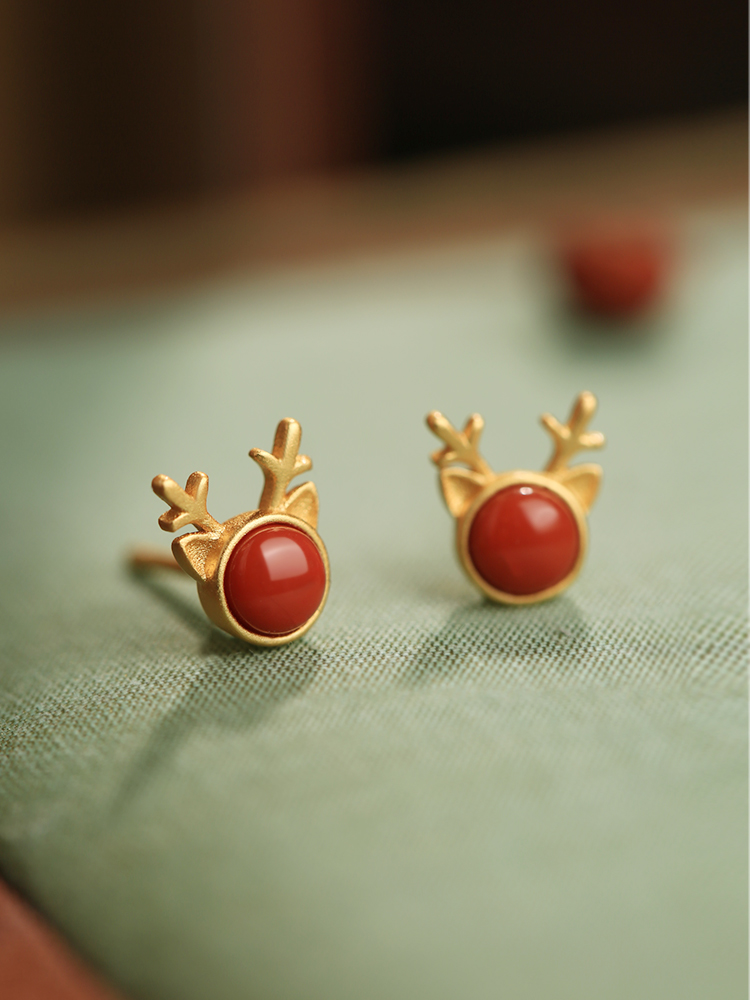 Natural South Red Deer Pure Silver Stud Earrings - Retro Zodiac Year Design with Agate - National Style Women's Jewelry