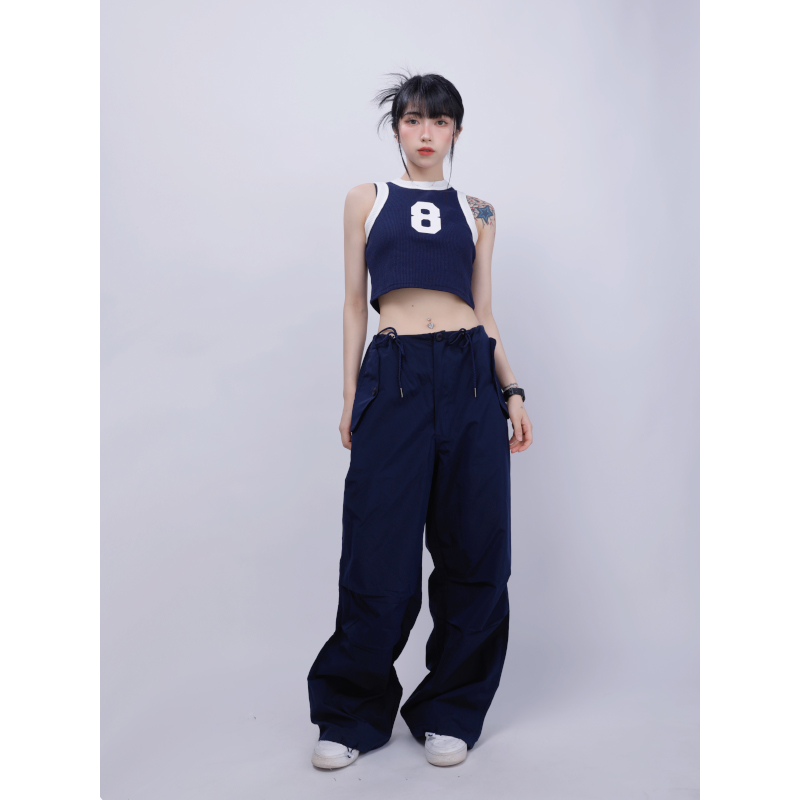 Navy Blue High-Waisted Casual Work Pants for Women, Summer Thin Quick-Dry Jazz Dance Sports Pants, Elastic Waist, Lightweight