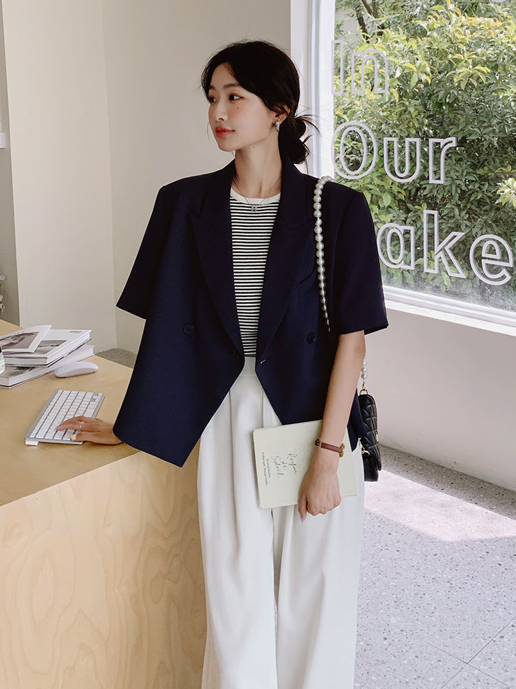 Navy Blue Korean-Style Short Sleeve Suit Set for Women, Elegant Casual Two-Piece Wide-Leg Pants for Petite Sizes - Summer 2025 Navy Blue Korean-Style Short Sleeve Suit Set for Women, Elegant Casual Two-Piece Wide-Leg Pants for Petite Sizes - Summer 2025