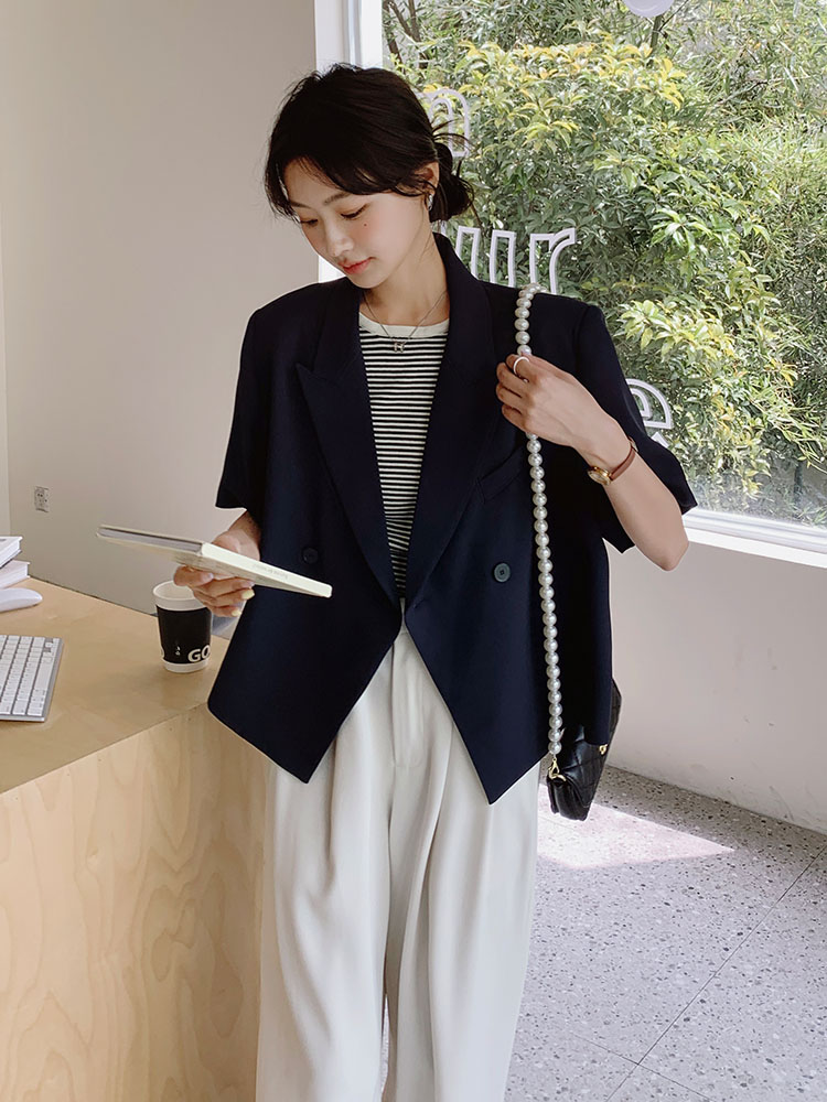 Navy Blue Korean-Style Short Sleeve Suit Set for Women, Elegant Casual Two-Piece Wide-Leg Pants for Petite Sizes - Summer 2025