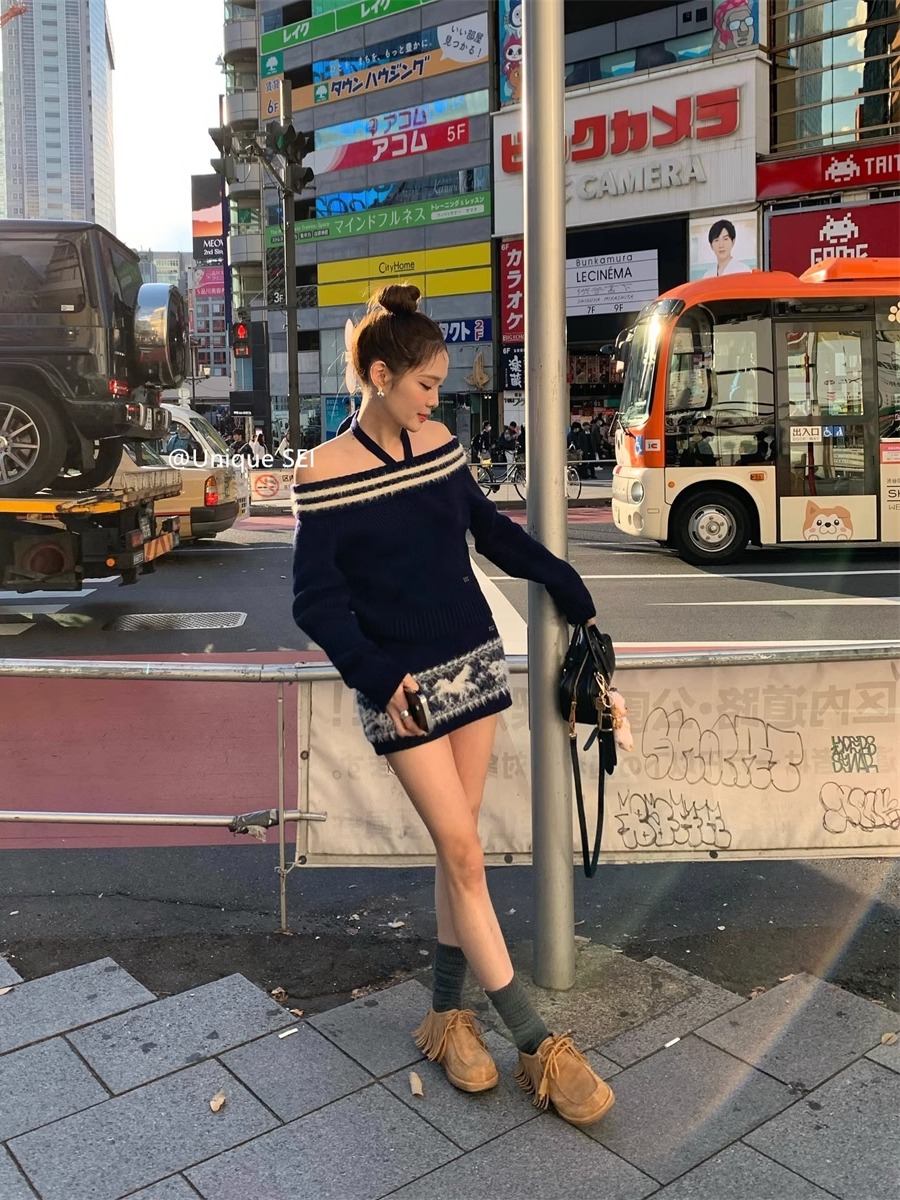 Navy Blue Off-Shoulder Tie-Knit Top & Jacquard Short Skirt Two-Piece Set for Winter, Unique Stylish Look, Perfect for 90s and Y2K Fashion Navy Blue Off-Shoulder Tie-Knit Top & Jacquard Short Skirt Two-Piece Set for Winter, Unique Stylish Look, Perfect for 90s and Y2K Fashion