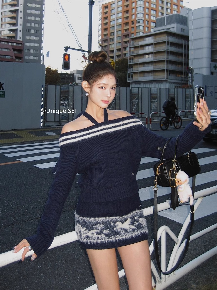 Navy Blue Off-Shoulder Tie-Knit Top & Jacquard Short Skirt Two-Piece Set for Winter, Unique Stylish Look, Perfect for 90s and Y2K Fashion