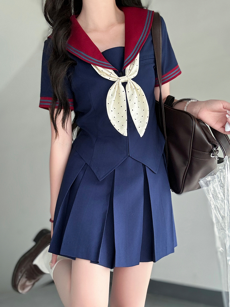 Navy Collar Bad Sailor Suit Set - Short Sleeve Pudding Bear JK Uniform - Summer Basic Model Fashion for Y2K and Korean Style Enthusiasts Navy Collar Bad Sailor Suit Set - Short Sleeve Pudding Bear JK Uniform - Summer Basic Model Fashion for Y2K and Korean Style Enthusiasts