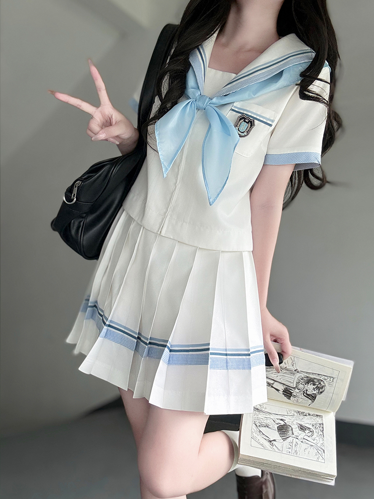 Navy Collar Plaid Splicing Short Sleeve Top Women's Set - Pudding Bear JK Uniform College Style Summer Fashion Navy Collar Plaid Splicing Short Sleeve Top Women's Set - Pudding Bear JK Uniform College Style Summer Fashion