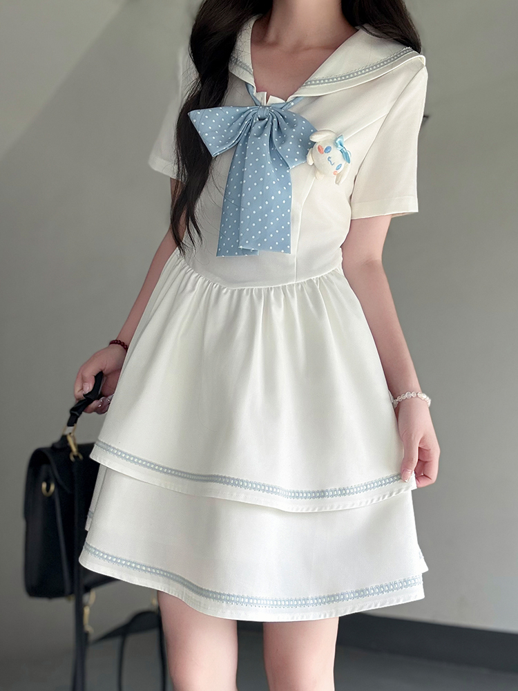 Navy Collar Short Sleeve Double-Layer Cake Skirt Pudding Bear JK Uniform Summer Dress - 2025 Y2K Fashion Style Navy Collar Short Sleeve Double-Layer Cake Skirt Pudding Bear JK Uniform Summer Dress - 2025 Y2K Fashion Style