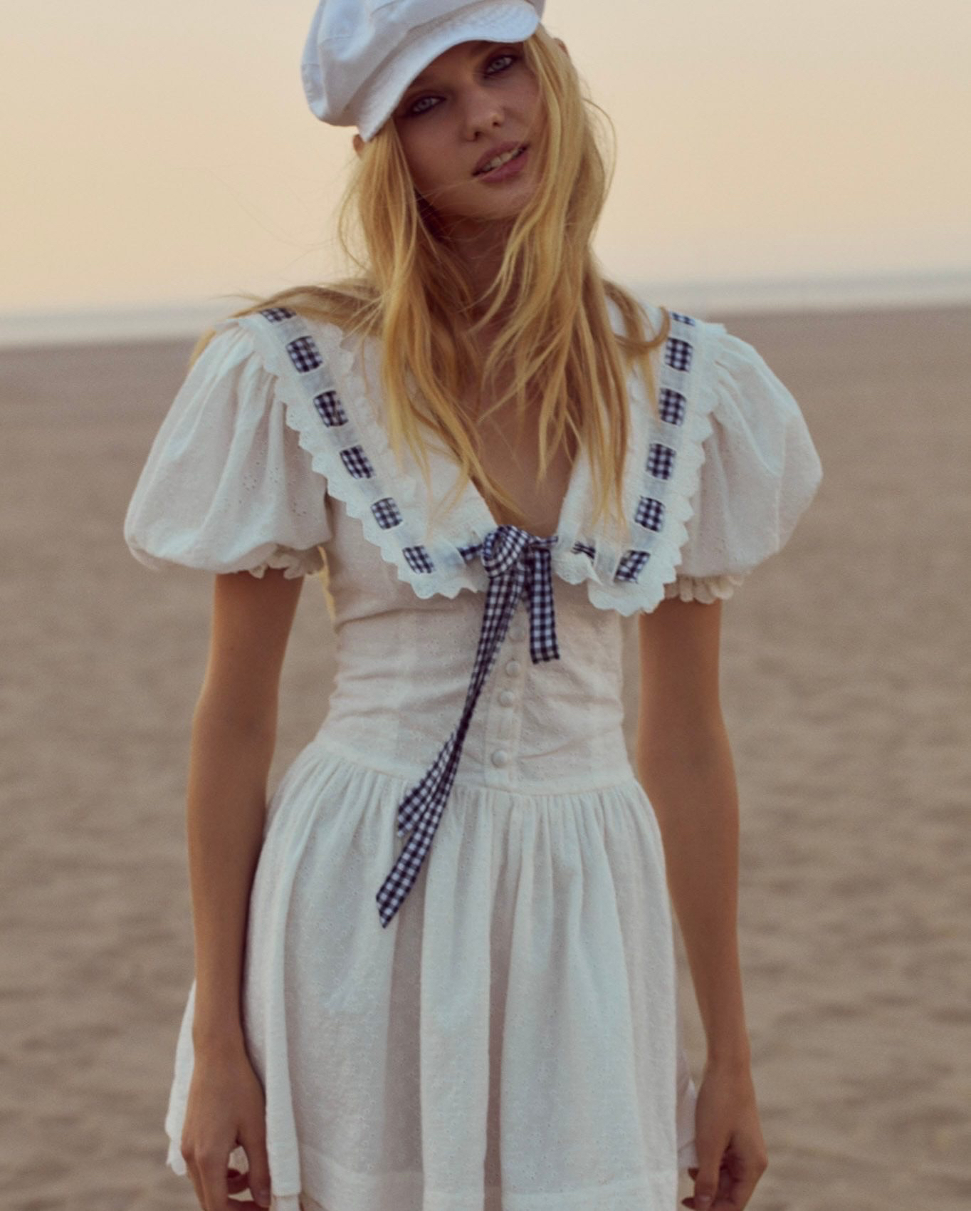 Navy Puff Sleeve Dress with French Bow Tie Strap and Waist-Cinching Design - Everyday Heavy Industry Style