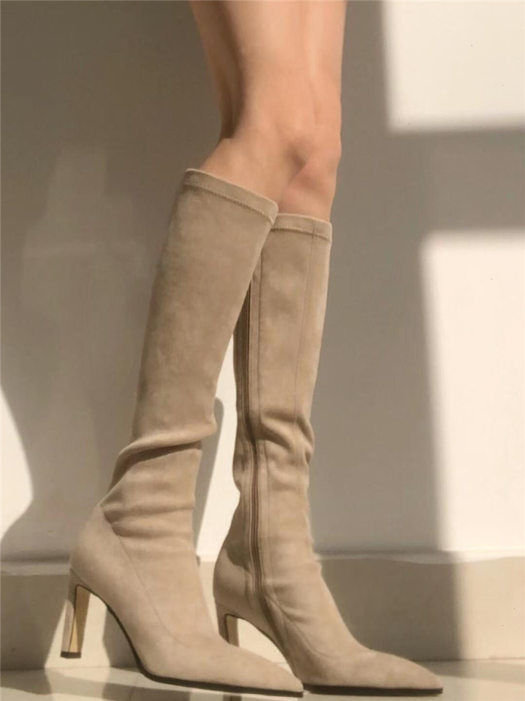 Nude Over-the-Knee High Heeled Boots for Women - Stretchy Slim-Fit Chunky Heel Thigh-High Style for Autumn Winter 2025