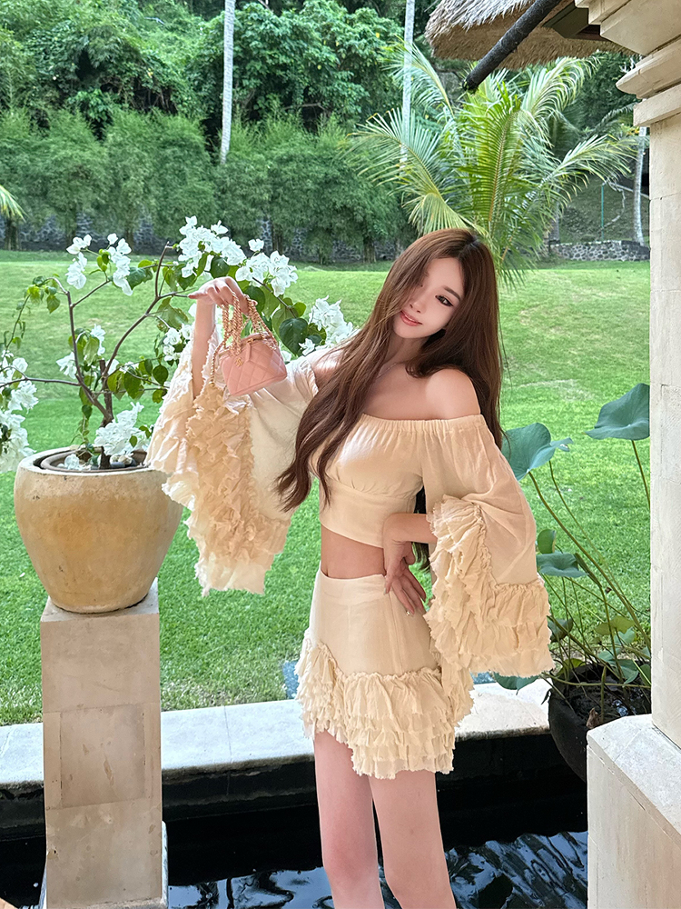 Off-Shoulder Bell Sleeve Dress with Short Skirt - Women's Socialite Style in Moon Vera - Perfect for Y2K and 90s Fashion Lovers Off-Shoulder Bell Sleeve Dress with Short Skirt - Women's Socialite Style in Moon Vera - Perfect for Y2K and 90s Fashion Lovers