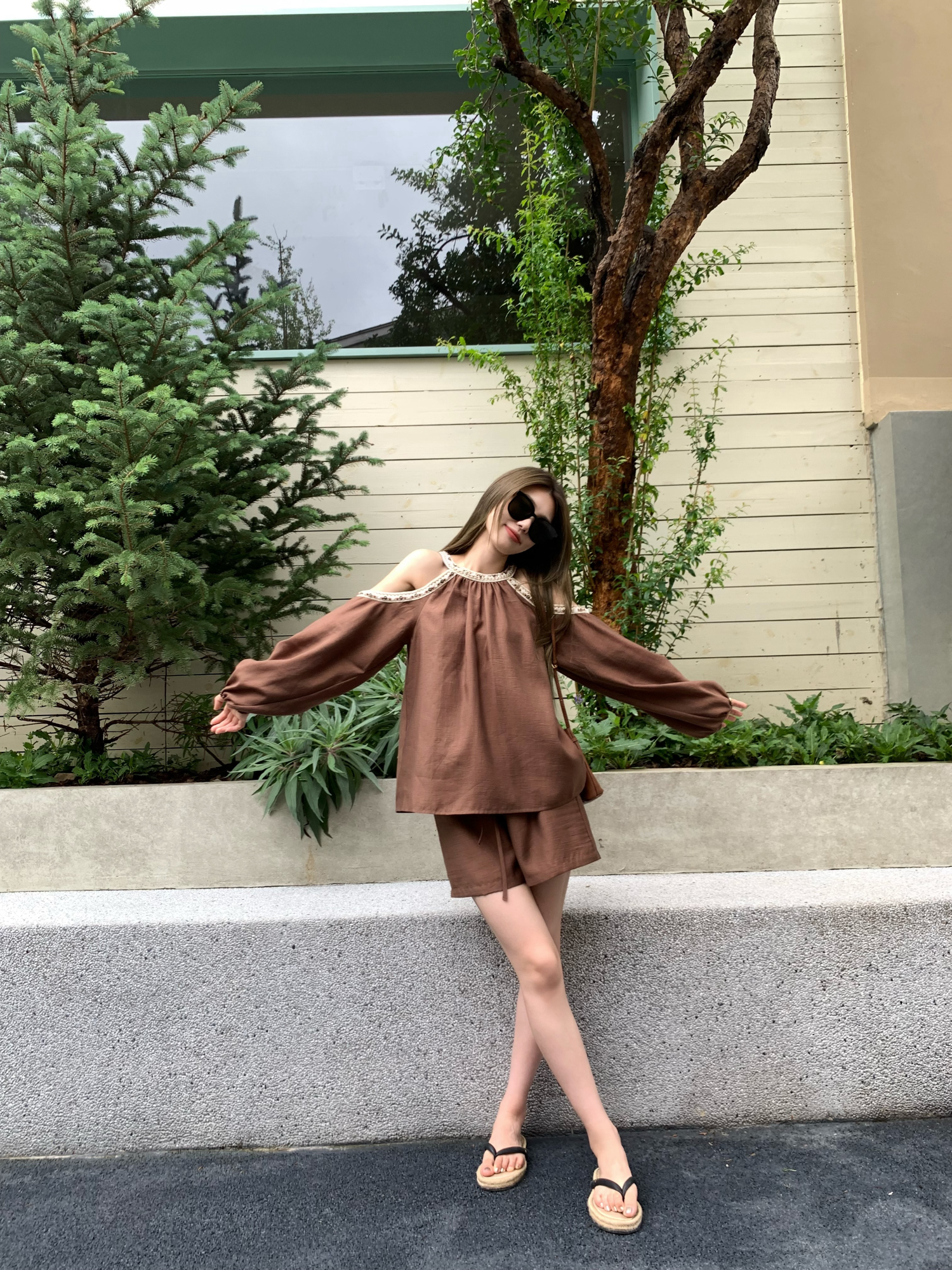 Off-Shoulder Halter Top and Tencel Shorts Set - Heavy Wool Knit Holiday Outfit, South France Style, Chic Summer Look Off-Shoulder Halter Top and Tencel Shorts Set - Heavy Wool Knit Holiday Outfit, South France Style, Chic Summer Look