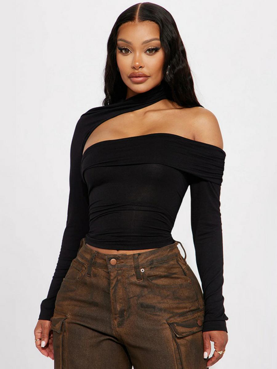 Off-Shoulder Hollow Out Halter Long Sleeve T-Shirt for Women - Solid Color Irregular Fashion Top for Autumn Street Style