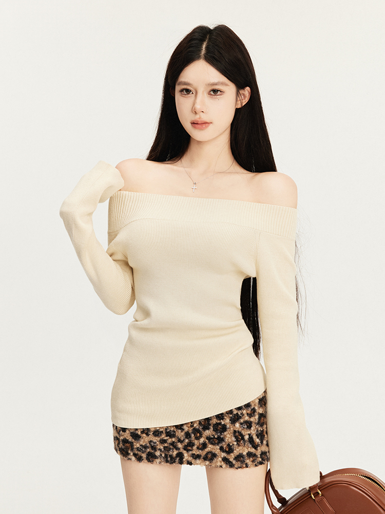 Off-Shoulder Knitted Sweater for Women, Slim Fit, Soft Milk Skin Texture, Autumn Winter Fashion, Cozy Layering Essential