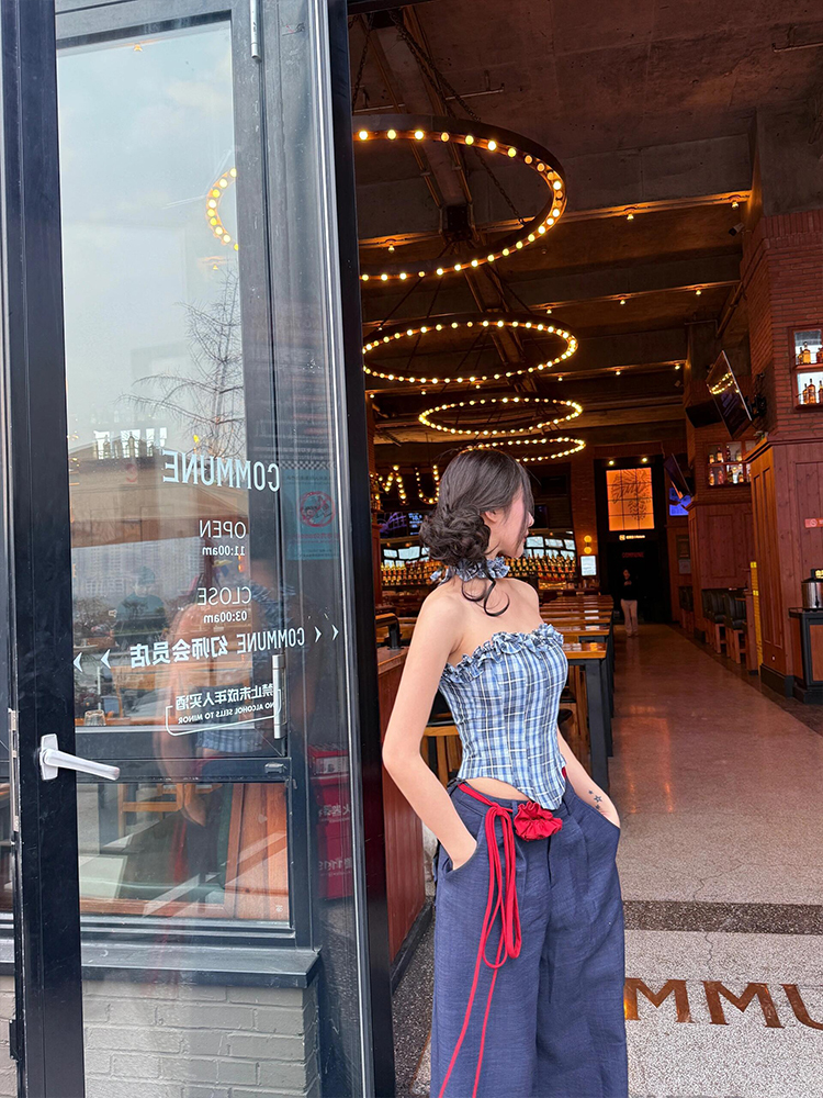 Off-Shoulder Plaid Color-Blocking Strapless Top and Casual Pants Set - Eccentric Sexy Style for 90s Inspired Fashion Off-Shoulder Plaid Color-Blocking Strapless Top and Casual Pants Set - Eccentric Sexy Style for 90s Inspired Fashion