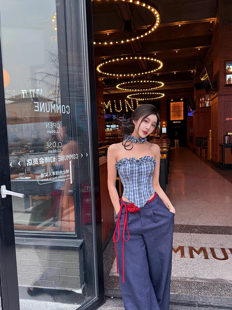 Off-Shoulder Plaid Color-Blocking Strapless Top and Casual Pants Set - Eccentric Sexy Style for 90s Inspired Fashion