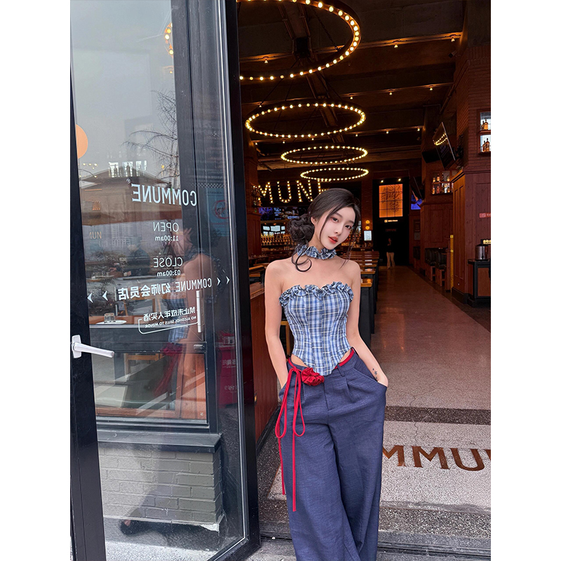 Off-Shoulder Plaid Color-Blocking Strapless Top and Casual Pants Set - Eccentric Sexy Style for 90s Inspired Fashion
