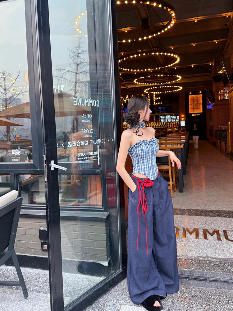 Off-Shoulder Plaid Color-Blocking Strapless Top and Casual Pants Set - Eccentric Sexy Style for 90s Inspired Fashion Off-Shoulder Plaid Color-Blocking Strapless Top and Casual Pants Set - Eccentric Sexy Style for 90s Inspired Fashion