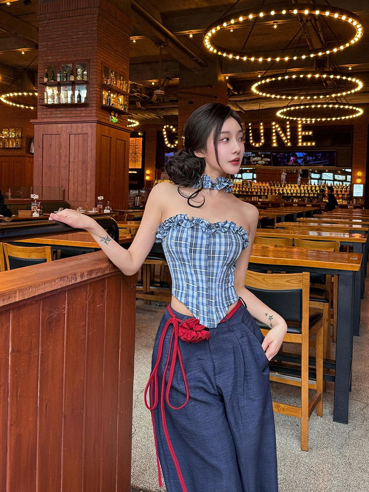 Off-Shoulder Plaid Color-Blocking Strapless Top and Casual Pants Set - Eccentric Sexy Style for 90s Inspired Fashion Off-Shoulder Plaid Color-Blocking Strapless Top and Casual Pants Set - Eccentric Sexy Style for 90s Inspired Fashion