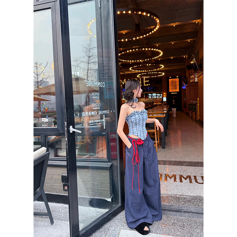 Off-Shoulder Plaid Color-Blocking Strapless Top and Casual Pants Set - Eccentric Sexy Style for 90s Inspired Fashion Off-Shoulder Plaid Color-Blocking Strapless Top and Casual Pants Set - Eccentric Sexy Style for 90s Inspired Fashion