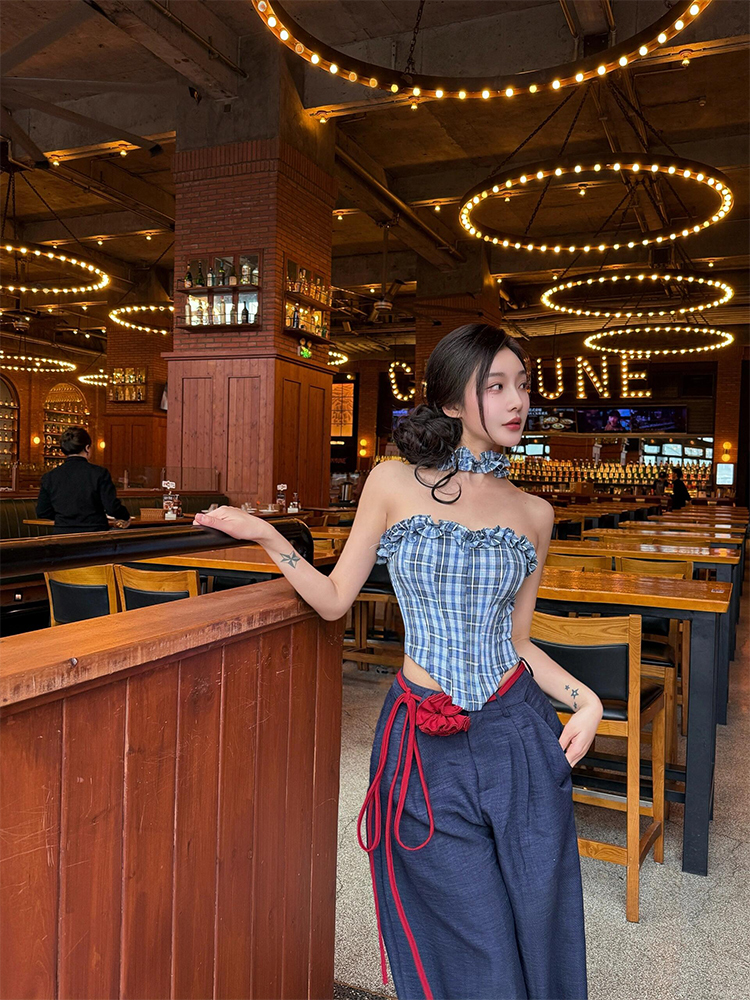 Off-Shoulder Plaid Color-Blocking Strapless Top and Casual Pants Set - Eccentric Sexy Style for 90s Inspired Fashion Off-Shoulder Plaid Color-Blocking Strapless Top and Casual Pants Set - Eccentric Sexy Style for 90s Inspired Fashion