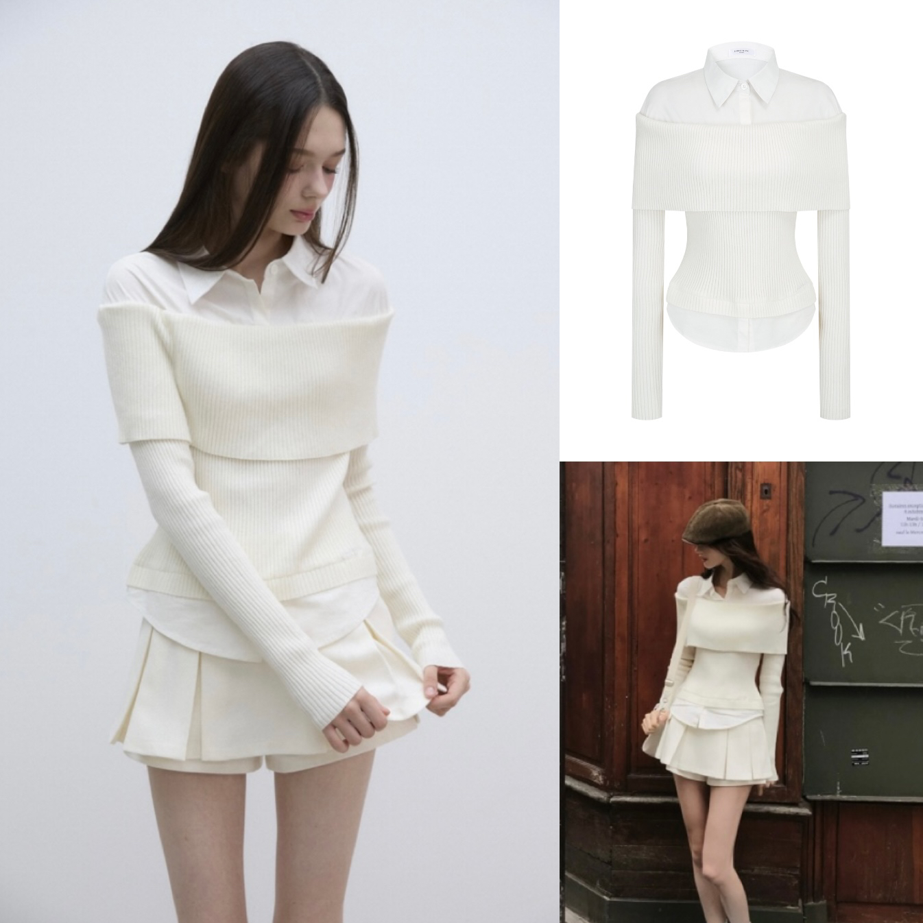 Off-Shoulder Spliced Faux Two-Piece Knit Top and Skirt Set - Korean Style Fashion for Chic Outfits