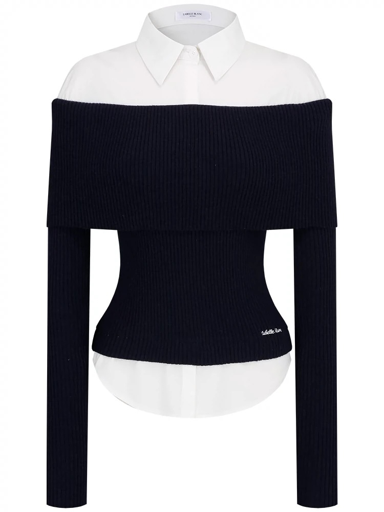 Off-Shoulder Spliced Two-Piece Wool Knit Dress Pants Set - Stylish Sweater Look for Y2K and 90s Fashion Enthusiasts Off-Shoulder Spliced Two-Piece Wool Knit Dress Pants Set - Stylish Sweater Look for Y2K and 90s Fashion Enthusiasts