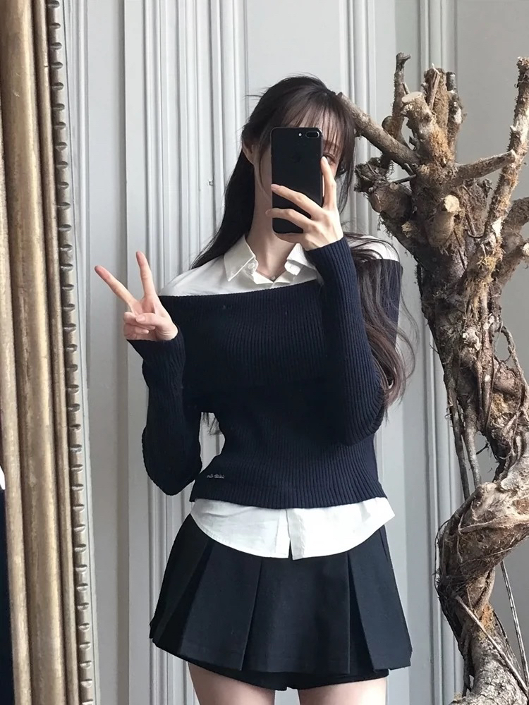 Off-Shoulder Spliced Two-Piece Wool Knit Dress Pants Set - Stylish Sweater Look for Y2K and 90s Fashion Enthusiasts Off-Shoulder Spliced Two-Piece Wool Knit Dress Pants Set - Stylish Sweater Look for Y2K and 90s Fashion Enthusiasts