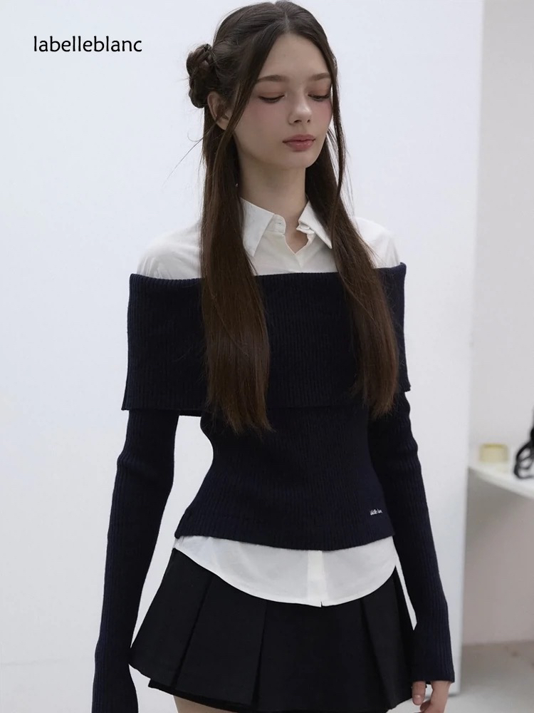 Off-Shoulder Spliced Two-Piece Wool Knit Dress Pants Set - Stylish Sweater Look for Y2K and 90s Fashion Enthusiasts